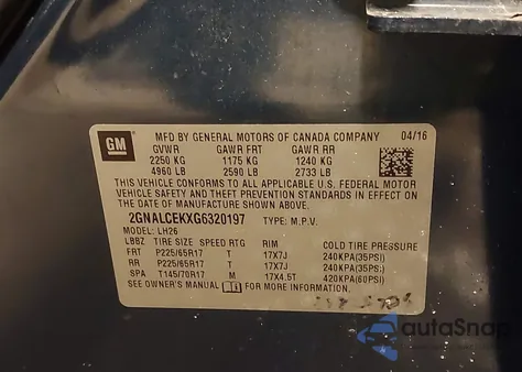 2016 Chevrolet Equinox Lt z USA, uszkodzony, nr VIN 2GNALCEKXG6320197